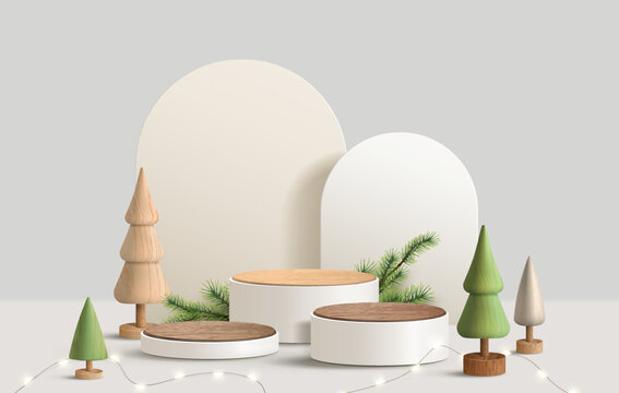 Realistic 3D Minimal Christmas Template. Wood Pedestal Or Stand Podium For Show Product Display. Christmas Tree Wood Decoration On White Background.