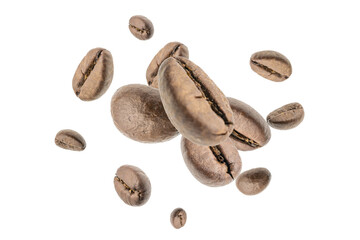 Coffee beans flying background. Black espresso grain falling on white. Rustic coffee bean fall isolated. Represent breakfast, energy, freshness or great aroma concept.