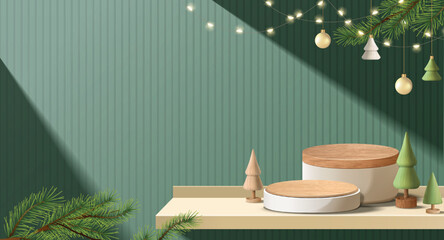 Realistic 3D minimal Christmas template. wood pedestal or stand podium for show products display. Christmas tree wood decoration on green background.