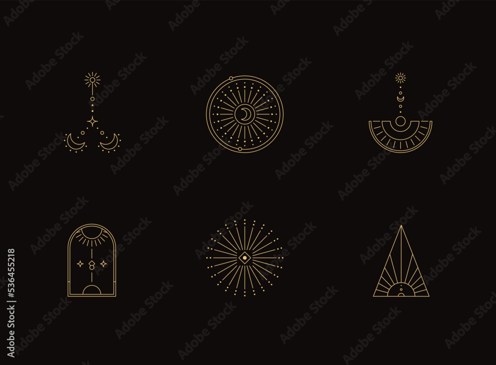 Poster set of moon and sun line art. minimal boho linear symbols. celestial mystic element. vector line art