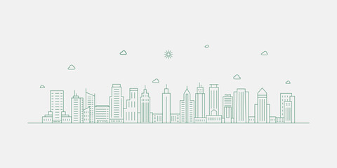 Obraz premium Cityscape. Modern flat line landscape vector. City landscape line art illustration with building, tower, skyscrapers. Vector illustration.