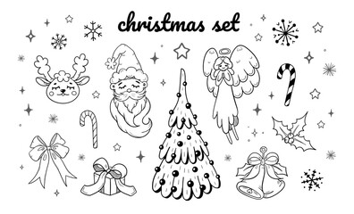 Cute doodle Christmas set with Santa, Christmas tree, angel, bells, deer, gift box, bow. Hand drawn vector outline illustration. Perfect for greeting cards, print, textile designs, holiday designs.