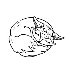 Cute doodle sleeping fox. Hand drawn vector outline illustration isolated on white. Perfect for greeting cards, coloring books, holiday designs, print, textile designs.