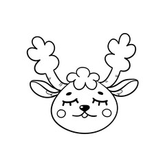 Cute doodle sleeping Christmas deer. Hand drawn vector outline illustration isolated on white. Perfect for greeting cards, coloring books, holiday designs, print, textile designs.