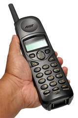 Holding cordless telephone or portable telephone transparent background