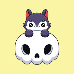 cute skull wolf halloween cartoon mascot doodle art hand drawn concept vector kawaii icon illustration