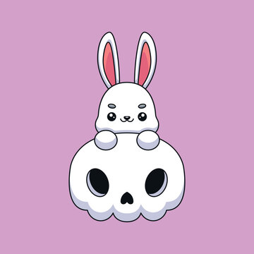 cute skull rabbit halloween cartoon mascot doodle art hand drawn concept vector kawaii icon illustration