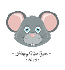 Vector illustration with a mouse. Cartoon head of a rat on a white background. Animal avatar, mascot, New Year's symbol, zodiac sign. Symbol of the new year.