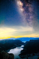 dam at night with milky way on the sky, and mountains on the sides, zimapan hidalgo 