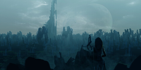 Futuristic, science fiction digital concept art. Imarginary scenery of alien landscape.  Blue, rainy evening.