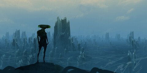 Futuristic, science fiction digital concept art. Imarginary scenery of alien landscape.  Blue, rainy evening.