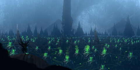 Futuristic, science fiction digital concept art. Imarginary scenery of alien landscape.  Blue, rainy evening.