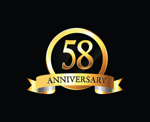 58 Year Anniversary celebration Vector Design with ring and ribbon. 58th Anniversary celebration. Gold Luxury Banner of 58th Anniversary celebration. fifty-eight celebration card. Vector anniversary