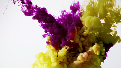 Abstract formed purple, yellow color dissolving water. Abstract cloud ink swirling water....