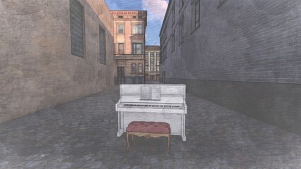 piano in middle of street town 3d render