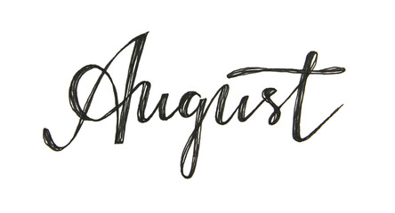 Lettering word August isolated on white background. Text for calendar or notebook. Hand-drawn black marker summer month. Creative clipart for sketchbook or daily planner