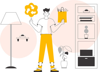 The concept of ecological products. Boy, package with products and eco logo. Linear trendy style.