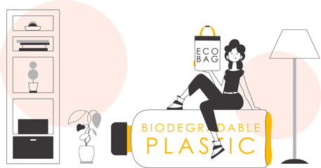 Ecology conservation concept. A woman holds an eco-package in her hands. Linear trendy style.