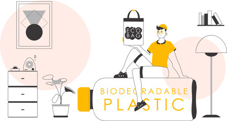 The concept of ecological bags and plastic. The guy is holding an eco package in his hands. Linear trendy style.