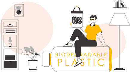 The concept of ecological bags and plastic. The guy is holding an eco package in his hands. Lineart style.