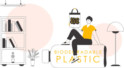 The concept of ecological bags and plastic. A man holds an eco-package in his hands. Linear style.