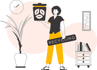 A man is holding a trash can. The concept of recycling plastic and waste. Linear trendy style.