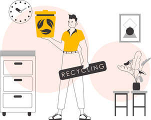 A man is holding a trash can. The concept of recycling plastic and waste. Lineart trendy style.