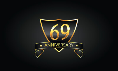 69 year anniversary logo with golden shield and ribbon. Dark concept anniversary. 69th Anniversary celebration background. sixty-nine anniversary banner vector