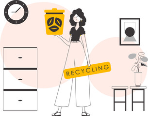 The girl is holding a trash can. Waste recycling concept. Lineart style.