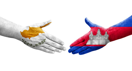 Handshake between Cambodia and Cyprus flags painted on hands, isolated transparent image.