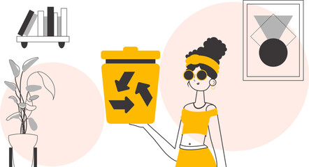 A woman is holding a trash can. Waste recycling concept. Linear style.