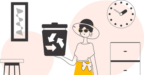 A woman is holding a trash can. Waste recycling concept. Linear trendy style.