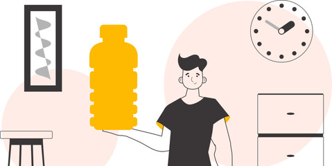 The man is holding a bottle in his hand. Lineart style.