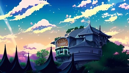 castle on the lake 2D anime Background 
