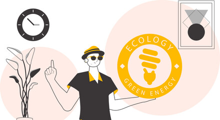 The boy holds the green energy logo in his hand. Linear trendy style.