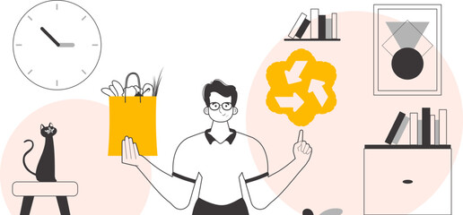 The concept of reasonable consumption. A man, a package with products and an eco logo. Linear trendy style.