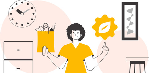 The concept of reasonable consumption. A man, a package with products and an eco logo. Linear modern style.