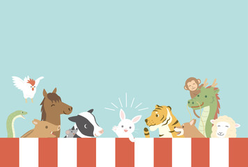 卯年の年賀状　2023　ウサギと十二支　カード　コピースペース