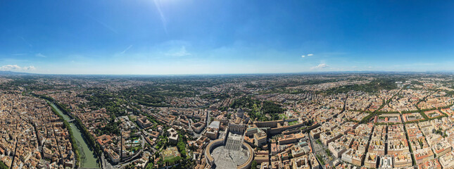 Aerial panoramic view of Vatican, San Pietro Basilica Square, The Dome landmark.