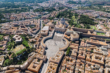 Aerial view of Vatican, San Pietro Basilica Square, The Dome landmark.