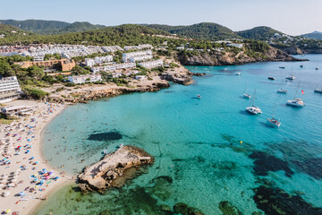 Aerial view of Calla Tarida, Ibiza, Spain.
