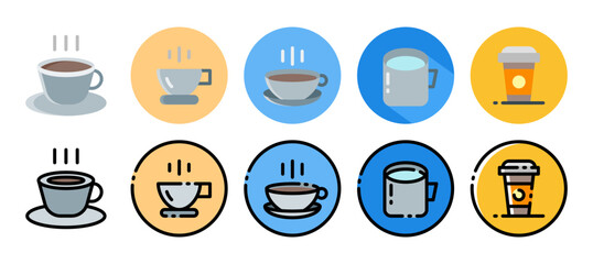 Cup flat and filled line style icon set. Vector illustration with different styles