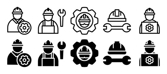 Engineering vector line and solid icons set. Manufacturing, engineer, blueprint. Vector illustration with different styles