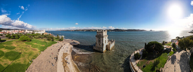 Belem Tower "Torre de Belém". Fortress monument in Lisbon on the Tagus River. Panoramic.