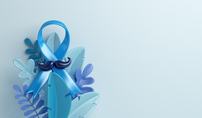 Prostate cancer awareness month with ribbon, mustache and leaves on blue background, copy space text, 3d rendering illustration