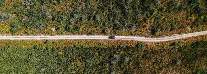 Drone shot of a car driving on a dirt road on a mountain in a forrest. Panoramic.