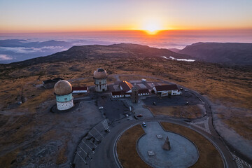 Aerial shot of Torre observatory on Serra da Estrela, in Portugal. Radar station.