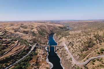 Aerial view of Alcántara Roman Bridge.