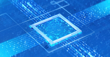 3D rendering of cyberpunk AI. Circuit board. Technology background. Central Computer Processors CPU and GPU concept. Motherboard digital chip. Tech science background.