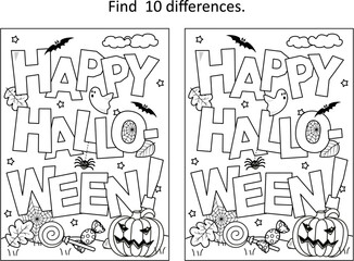 "Happy Halloween!" greeting difference game and coloring page
